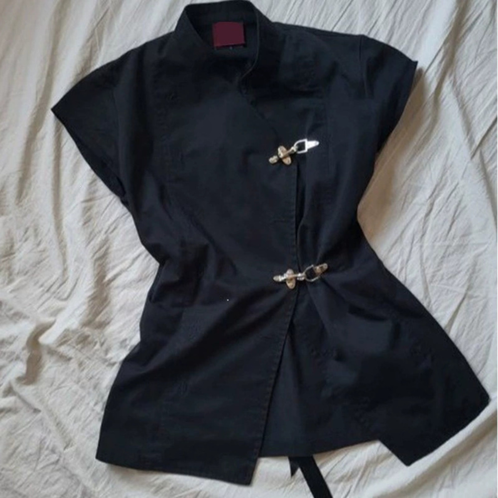 Zara Street Chinese Black Stand Collar Metal Button Slim Short Sleeve Shirt